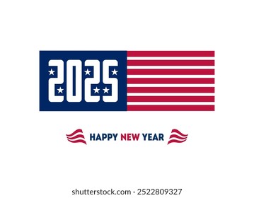 Patriotic 2025 New Year design: Modern twist on Stars and Stripes. Bold typography meets classic American colors. Perfect for festive banners, social media posts, and holiday marketing campaigns.