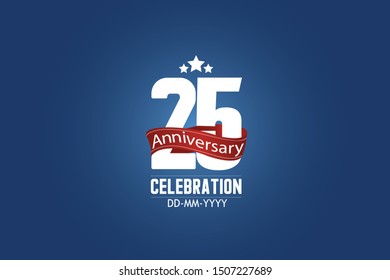 Patriotic 25 year anniversary celebration white color number USA Style Red ribbon on Blue Background for celebration, logo, wedding, banner card - vector