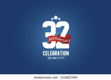 Patriotic 32 year anniversary celebration white color number USA Style Red ribbon on Blue Background for celebration, logo, wedding, banner card - vector