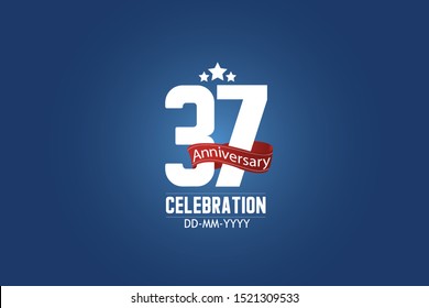 Patriotic 37 year anniversary celebration white color number USA Style Red ribbon on Blue Background for celebration, logo, wedding, banner card - vector