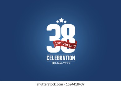 Patriotic 38 year anniversary celebration white color number USA Style Red ribbon on Blue Background for celebration, logo, wedding, banner card - vector