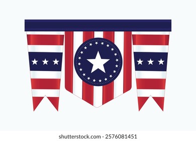 Patriotic 4th of July American Flag Pennant Banner Vector Illustration, Transparent PNG with Red, White, and Blue Design Featuring Stars for Independence Day Celebration