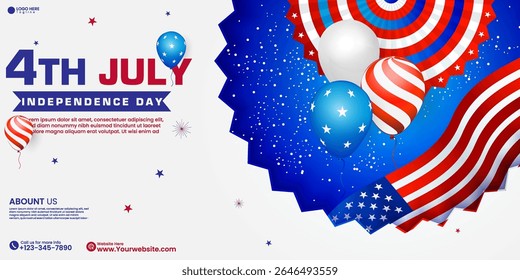 Patriotic 4th of July Background with Fireworks, Balloons, and Flag Ribbons. 4th July USA Independence Day social media poster design with Red, White Blue Balloons and Star Decorations. 