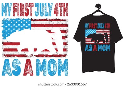 A patriotic 4th of July design featuring the quote "My First July 4th as a Mom" with American flag elements. Perfect for Independence Day apparel, especially for new moms.
