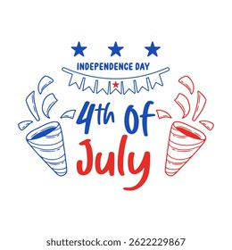 Patriotic 4th of July design with stylized text and stars in red and blue, celebrating Independence Day.