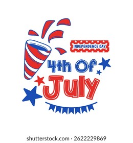 Patriotic 4th of July design with stylized text and stars in red and blue, celebrating Independence Day.