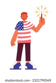 Ilustración patológica de 4° de july plana vectorial. Hombre orgulloso usando camiseta de bandera estadounidense con un personaje de caricatura brillante 2D en blanco para diseño de interfaz de usuario web. Imagen de héroe creativo editable de vacaciones aisladas