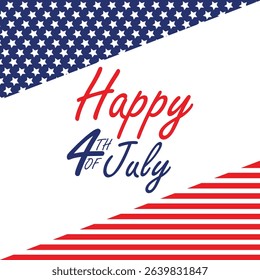Patriotic 4th of July greeting card design with red and white stripes, blue stars, and elegant holiday typography