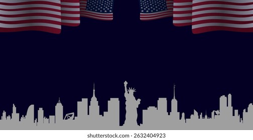 Patriotic 4th of July illustration with American flags, city skyline silhouette, and the Statue of Liberty. Perfect for Independence Day themes and celebration designs.