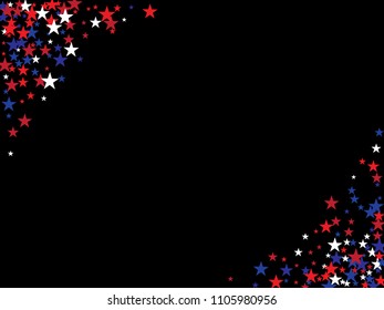 Patriotic 4th of July, Independence Day of America Stars Confetti. Falling Stars Pattern, USA Confetti Frame in Blue, Red, White. 4th of July, US Independence Day, National Symbols Modern Background.