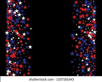 Patriotic 4th of July, Independence Day of America Stars Confetti. Falling Stars Texture, USA Confetti Frame in Blue, Red, White. 4th of July, US Independence Day, National Symbols Funky Background.