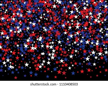 Patriotic 4th of July, Independence Day of America Stars Confetti. Flying Stars Texture, USA Blue, Red, White Confetti Banner. US Independence Day, 4th of July, National Symbols Funky Background.