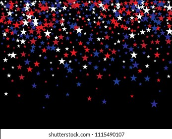 Patriotic 4th of July, Independence Day of America Confetti Stars. Falling Stars Texture, USA Confetti Border in Blue, Red, White. US Independence Day, 4th of July, National Symbols Banner Background.