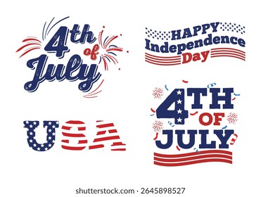Patriotic 4th of July logo collection with bold red, white, and blue typography, fireworks, and stars. Ideal for USA holiday promotions, greeting cards, posters, and digital graphics.