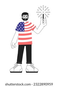 Patriotic 4th of july monochrome vector spot illustration. Proud man wearing american flag tshirt with sparkler 2D flat bw cartoon character for web UI design. Isolated editable hand drawn hero image