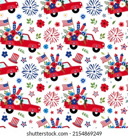 Patriotic 4th of July pickup truck with flowers, crackers, and sparklers seamless pattern. Isolated on white background. Independence day, 4th of July holiday themed design.