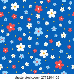 Patriotic 4th of July seamless pattern featuring retro daisy flowers in red, white, and blue. This Americana-inspired floral background is perfect for Independence Day celebrations, Memorial Day, and patriotic-themed projects. Ideal for textile printing, gift wrapping paper, party invitations, scrapbooking, and digital wallpapers.