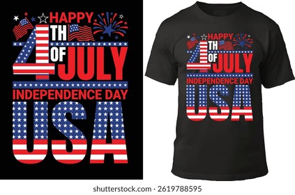 Patriotic 4th of July T-shirt design featuring American flags, fireworks, and bold “USA” text with stars and stripes. Perfect for celebrating Independence Day in red, white, and blue style.