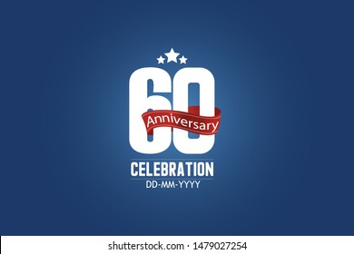 Patriotic 60 year anniversary celebration white color number USA Style Red ribbon on Blue Background for celebration, logo, wedding, banner card - vector