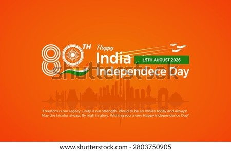 Patriotic 80th India Independence Day 2026 banner design featuring 80th Anniversary Typography, India's saffron colors and beautiful landmark skyline. Best for goverment, corporate, business, social media and event celebrations. 