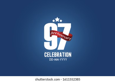 Patriotic 97 year anniversary celebration white color number USA Style Red ribbon on Blue Background  - vector