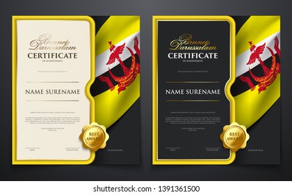 Patriotic achievement certificate with Brunei Darussalam flag, various paper color set, luxury elegant gold style