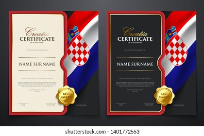 Patriotic achievement certificate with Croatia flag, various paper color set, luxury elegant gold style