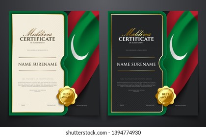 Patriotic achievement certificate with Maldives flag, various paper color set, luxury elegant gold style