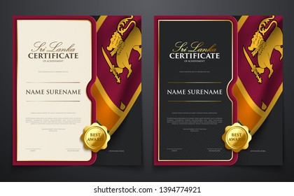 Patriotic achievement certificate with Sri Lanka flag, various paper color set, luxury elegant gold style