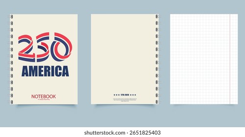 Patriotic America Notebook Design for 250th Anniversary 2026. Includes front and back cover and grid paper layout.