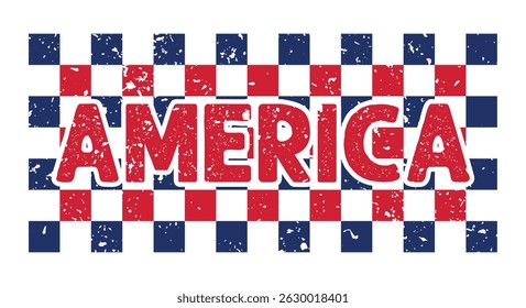 Patriotic America Text with Red and Blue Checkered Grunge Pattern – 4th of July Vintage Typography Design