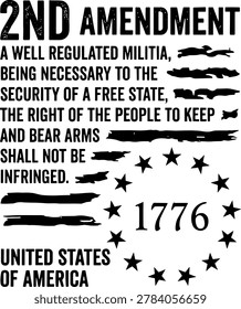 Patriotic American 2nd Amendment vector design featuring the full constitutional text, Betsy Ross 13 stars circle, and 1776 typography. Retro right to bear arms illustration for t-shirts and apparel.