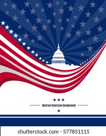 Patriotic American background with abstract USA flag and White house and Capitol building Washington DC symbol. Presidents day poster. Vector illustration.