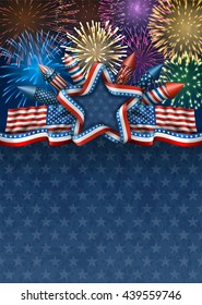 Patriotic american background for fourth of july, with american flags and star, with rockets and fireworks, EPS 10, contains transparency.