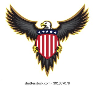 Patriotic American bald eagle, wings spread looking to one side, holding stars and stripes shield, sharp illustration