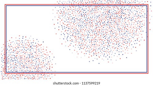 patriotic american Blue and Red glitter dots. USA Presidents day confetti and frame background. banner backdrop Vector Illustration, sparkles isolated on white.