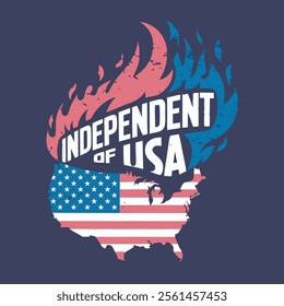 Patriotic American design, stylized US map with flag pattern, red and blue flames, "Independent of USA" text, dark navy background