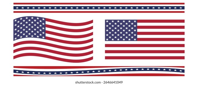 Patriotic American Flag Design with Decorative Borders. USA Flag Vector Illustration.
