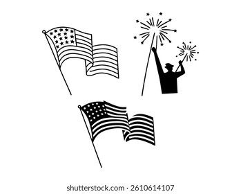 Patriotic American Flag Design with Eagle and Stars. A bold black and white graphic design featuring two American flags, an eagle in flight, and a circle of stars.