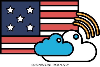 A patriotic American flag is shown with a cloud in the background. The flag is red, white, and blue with stars. The cloud is white and blue with a yellow line