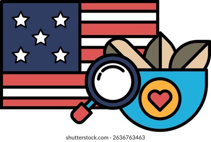 A patriotic American flag is shown with a magnifying glass and a heart. Concept of curiosity and exploration, as if the viewer is looking closely at the flag and its symbols