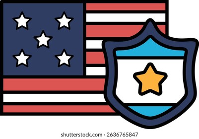 A patriotic American flag with stars and stripes is next to a shield. The shield has a star on it