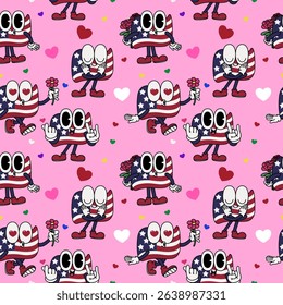 Patriotic American Flag USA etro cartoon character mascot 4th of July heart love pink seamless pattern 