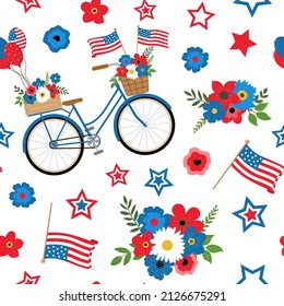 Patriotic American floral bicycle with flags, and balloons in national colors seamless pattern on white background. Isolated on white background. Independence day, 4th of July themed design.