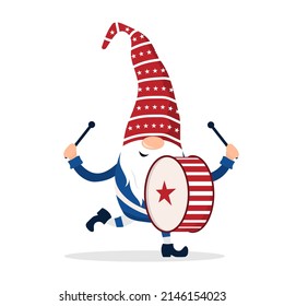 Patriotic american gnome. Cute scandinavian dwarf with drum. Elf celebrate Independence day in the United States. Happy 4th of july. Vector illustration in flat cartoon style. National freedom day.