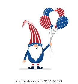 gnomo patrioamericano. Enano escandinavo lindo con globos. Elf celebra el Día de la Independencia en Estados Unidos. Feliz 4 de julio. Ilustración vectorial al estilo de las caricaturas planas. Día de la Libertad Nacional