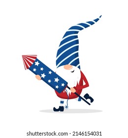 Patriotic american gnome. Cute scandinavian dwarf with firework. Elf celebrate Independence day in the United States. Happy 4th of july. Vector illustration in flat cartoon style. National freedom day