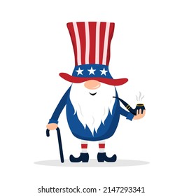 Patriotic american gnome. Cute scandinavian dwarf with cane. Elf celebrate Independence day in the United States. Happy 4th of july. Vector illustration in flat cartoon style. National freedom day.