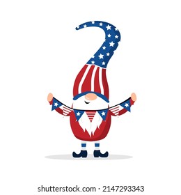 Patriotic american gnome. Cute scandinavian dwarf with garland. Elf celebrate Independence day in the United States. Happy 4th of july. Vector illustration in flat cartoon style. National freedom day.