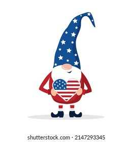 Patriotic american gnome. Cute scandinavian dwarf with heart. Elf celebrate Independence day in the United States. Happy 4th of july. Vector illustration in flat cartoon style. National freedom day.